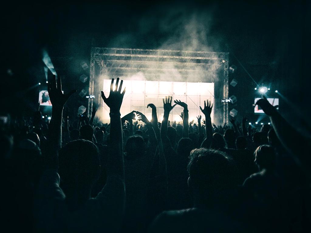 Live concert stage with vibrant lighting and excited crowd